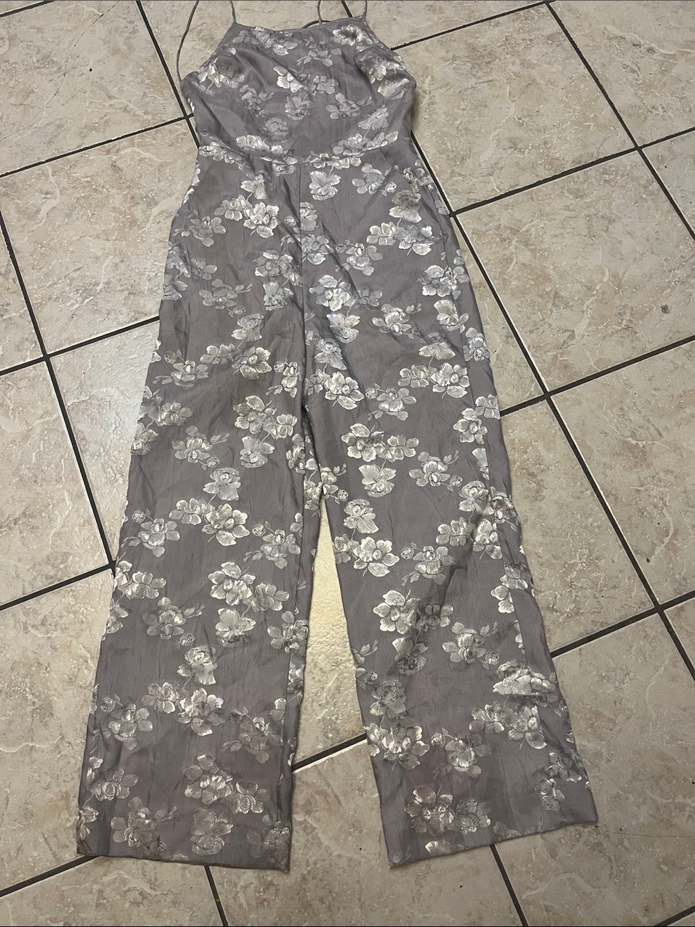 Urban Outfitters Strappy Grey/silver Floral Jumpsuit S